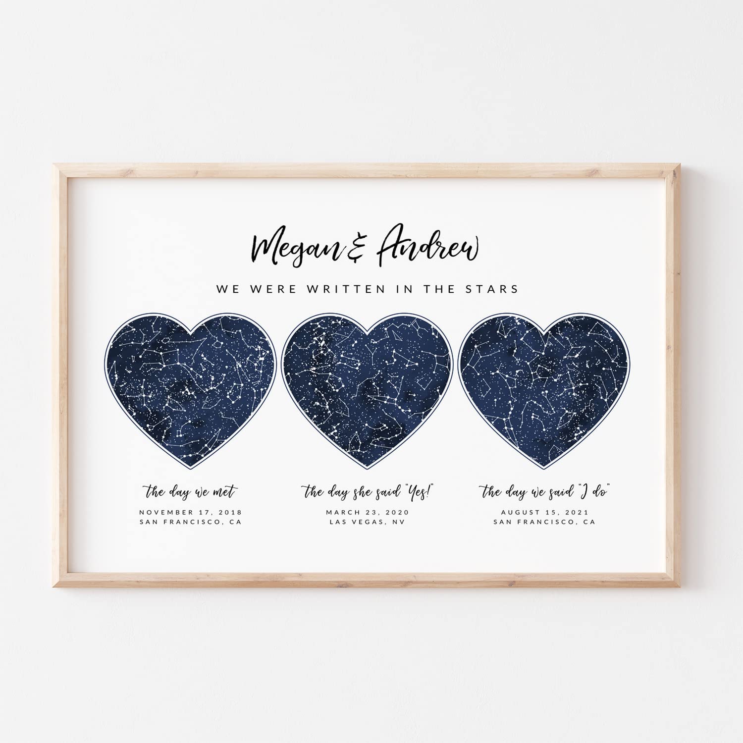 Custom Sky Maps Print, Navy Watercolor Constellation Heart Shape Star Map