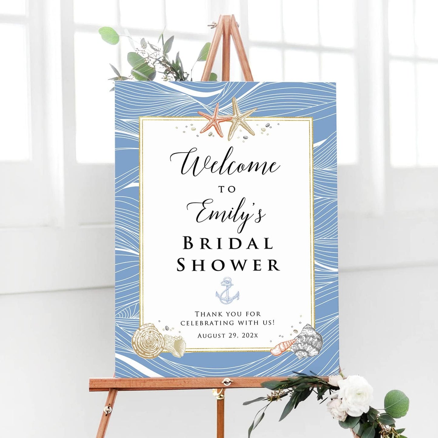 Personalized Blue Theme Bridal Shower Welcome Sign, Customized Bridal Luncheon Baby Shower Baptism Celebration Welcome Poster Board Canvas